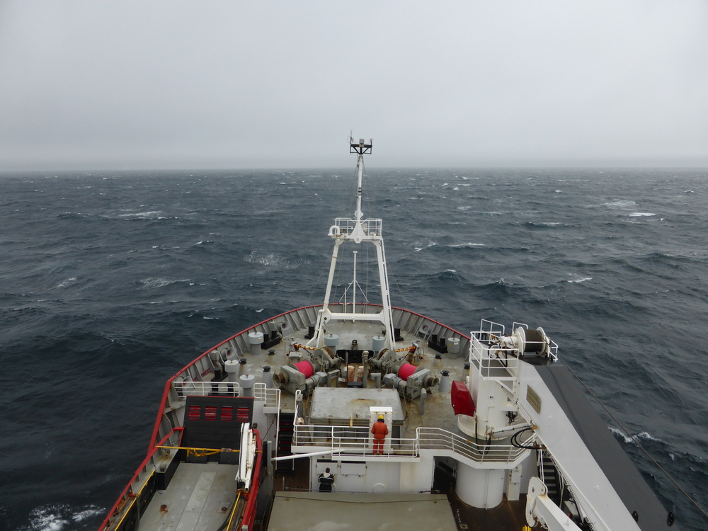 RRS James Clark Ross in rough weather in the Southern Ocean.